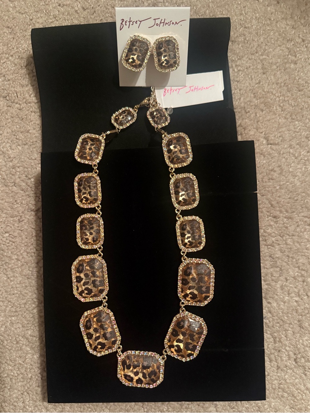 Betsey Johnson Leopard Print Gold-Trim Necklace & Earrings Set